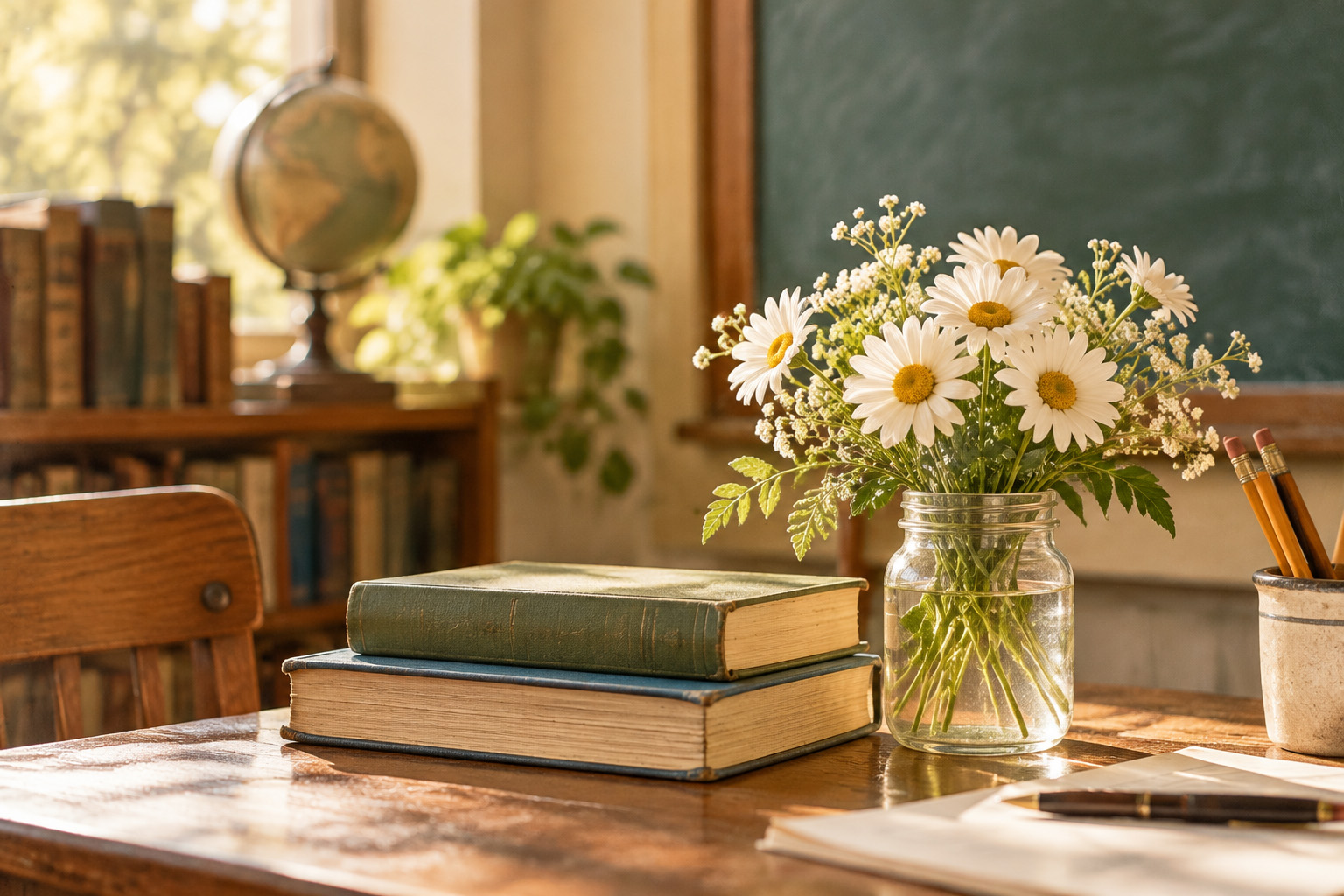 Flowers and book on a desk