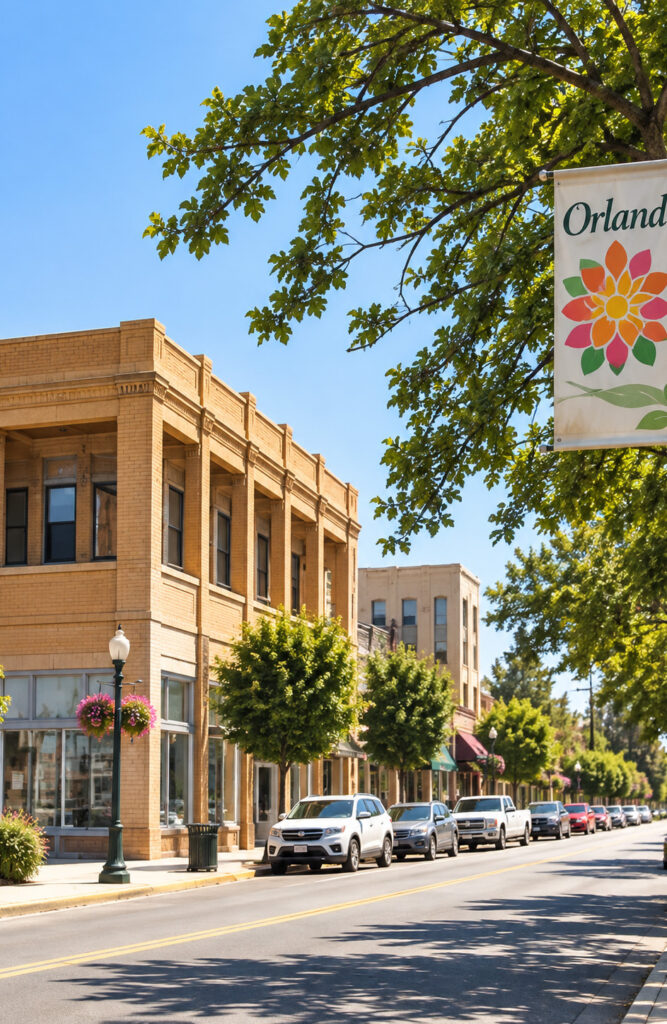 An Orland street with a banner showing a flower and the text "Orland".